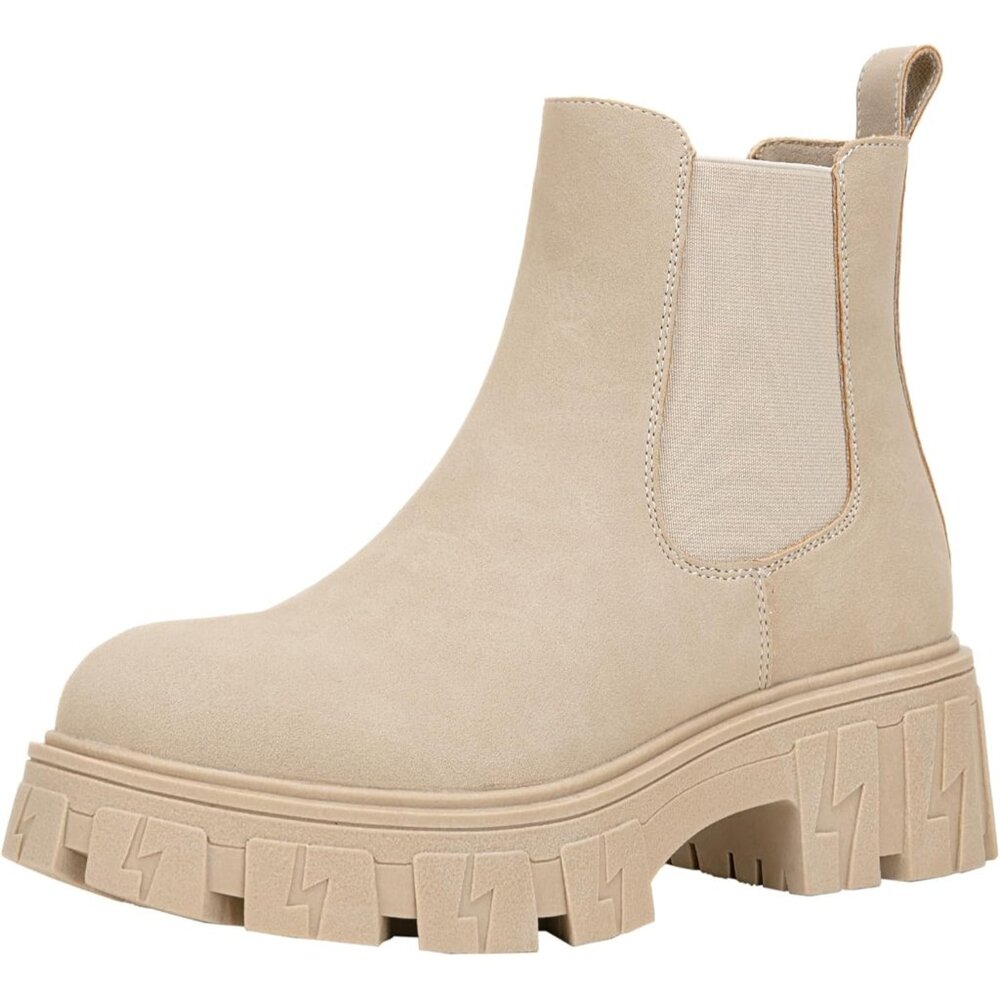 🆕Women Chelsea Lug Sole-9620-beige Synthetic leather Ankle Elastic Band Boot - Picture 5 of 13